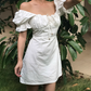 Minimalist Square Neck White Puffed Sleeves Short Skirt Casual Summer Women Dress    D2023