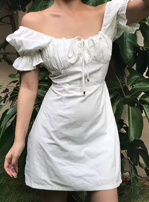 Minimalist Square Neck White Puffed Sleeves Short Skirt Casual Summer Women Dress    D2023