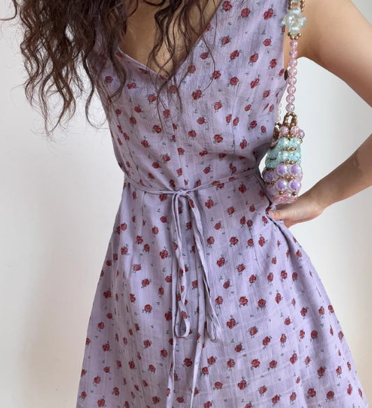 Vintage V-neck Printing Floral Lace up Short Skirt Summer Women Date Dress   D2024