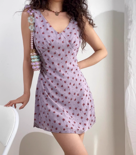 Vintage V-neck Printing Floral Lace up Short Skirt Summer Women Date Dress   D2024