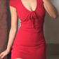 Retro V-neck Lace up Red Short Skirt Summer Women Dress Date Dress Party Dress    D2030