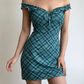 Vintage Off the Shoulder Pleated Checkered Short Skirt Women Dress Summer Date Dress    D2035