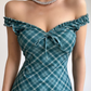 Vintage Off the Shoulder Pleated Checkered Short Skirt Women Dress Summer Date Dress    D2035