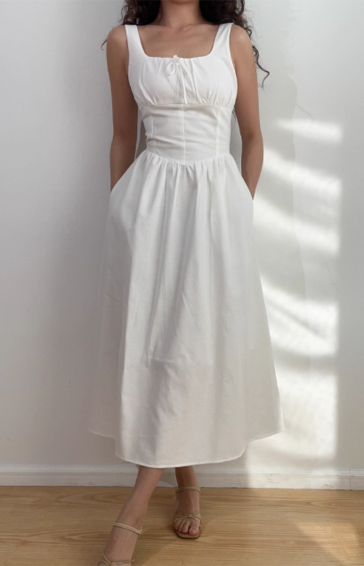 Minimalist Square Neck Lace up Long Skirt Vacation Casual Dress Women Summer Date Dress    D2038