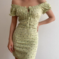 Cute Off the Shoulder Pleated Lace up Print Floral Fitted Short Skirt Women Summer Dress Date Dress   D2040