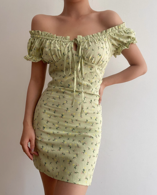 Cute Off the Shoulder Pleated Lace up Print Floral Fitted Short Skirt Women Summer Dress Date Dress   D2040
