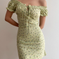 Cute Off the Shoulder Pleated Lace up Print Floral Fitted Short Skirt Women Summer Dress Date Dress   D2040