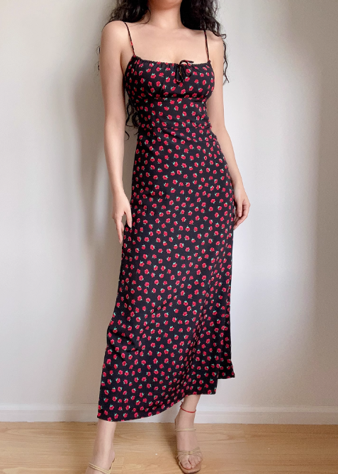 Sexy Spaghetti Straps Print Rose Fitted Short Skirt Women Summer Date Dress   D2043