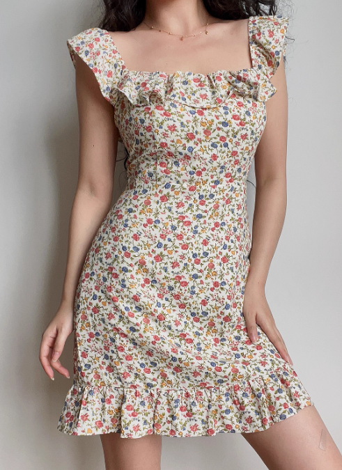 Cute Off the Shoulder Print Floral Ruffle Short Skirt Summer Vacation Seaside Dress Women Date Dress  D2045