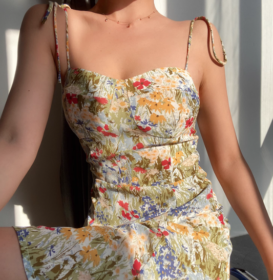 Vacation Spaghetti Straps Print Floral Short Skirt Summer Seaside Dress Women Date Dress  D2049