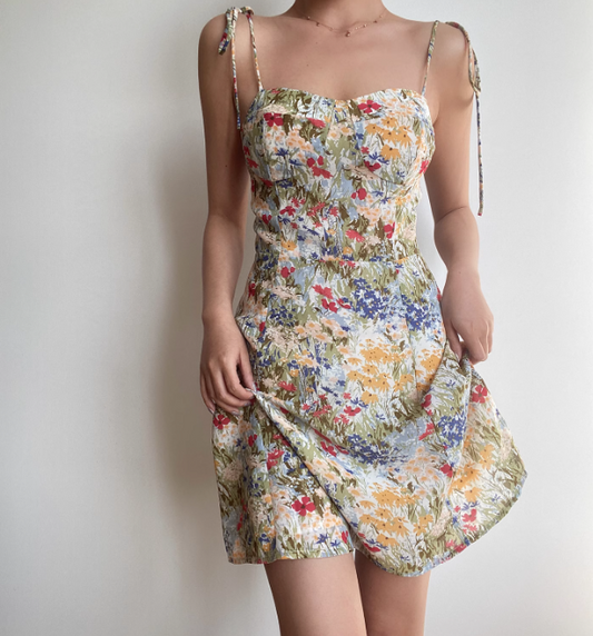 Vacation Spaghetti Straps Print Floral Short Skirt Summer Seaside Dress Women Date Dress  D2049