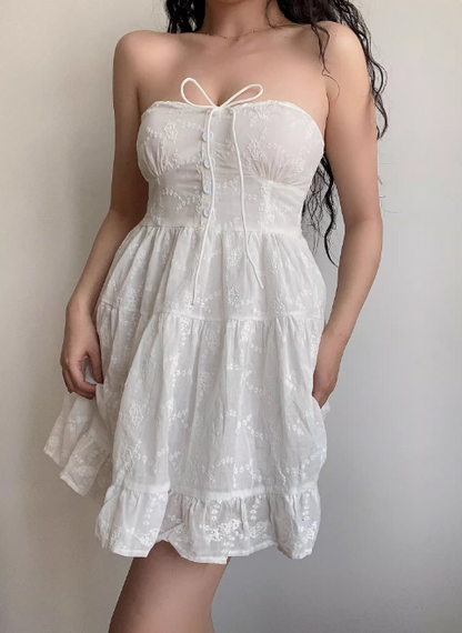 Vacation Strapless Floral Pleated Ruffle Short Skirt Summer Seaside Dress Women Date Party Dress  D2051