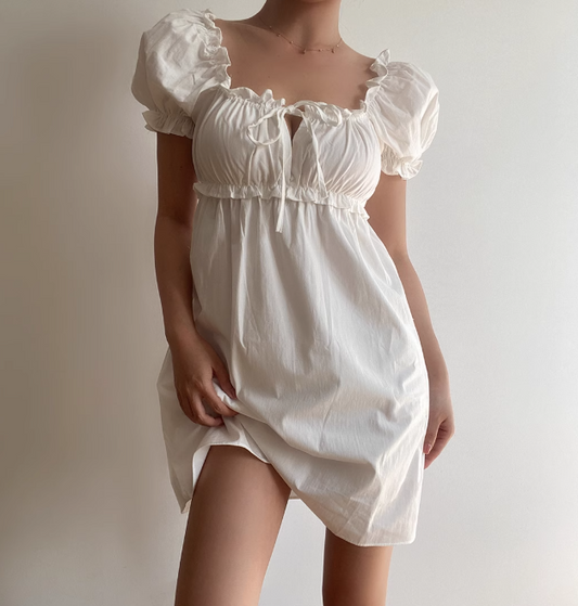Casual Off the Shoulder Puffed Sleeves Pleated Short Skirt Women Summer Dress Vacation Dress  D2053