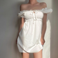 Casual Off the Shoulder Puffed Sleeves Pleated Short Skirt Women Summer Dress Vacation Dress  D2053
