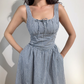 Retro Square Neck Striped Lace up Women Vacation Dress Summer Date Dress  D2055