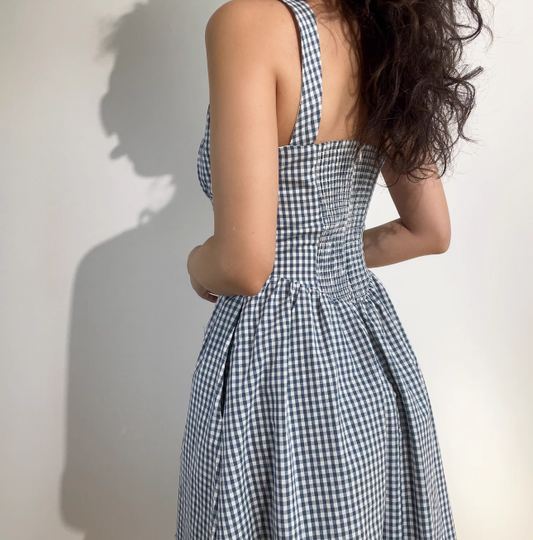 Retro Square Neck Striped Lace up Women Vacation Dress Summer Date Dress  D2055