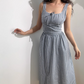 Retro Square Neck Striped Lace up Women Vacation Dress Summer Date Dress  D2055