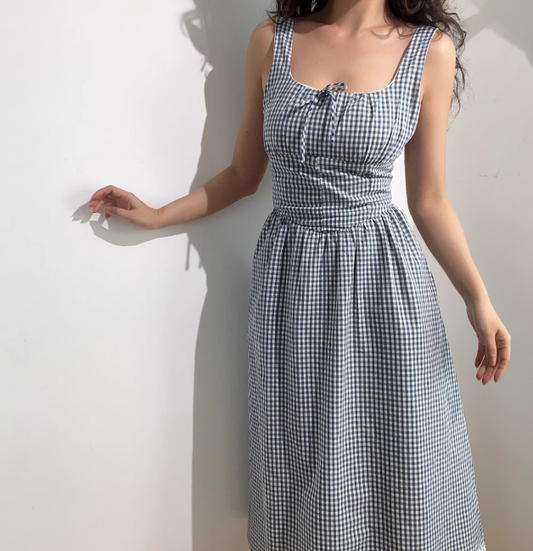 Retro Square Neck Striped Lace up Women Vacation Dress Summer Date Dress  D2055