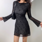 Retro Long Sleeves Print Tulle Short Skirt Women Dress Summer Date Dress  D2056