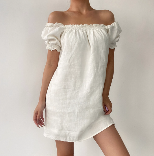 Versatile Off the Shoulder Puffed Sleeves Short Skirt Women Dress Summer Date Dress  D2057