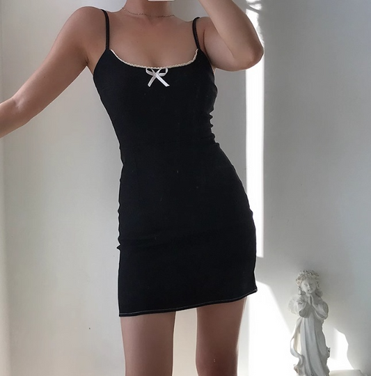 Popular Spaghetti Straps Bowknot Fitted Short Skirt Casual Wommen Summer Date Dress  D2058