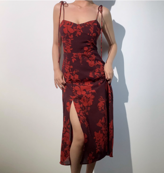 Sexy Spaghetti Straps Print Lace up Side Slit Vacation Skirt Wommen Summer Date Dress  D2059