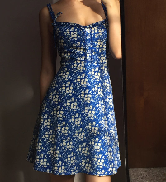 Retro A Line Spaghetti Straps Print Floral Short Skirt Wommen Summer Dress Vacation Date Dress   D2063