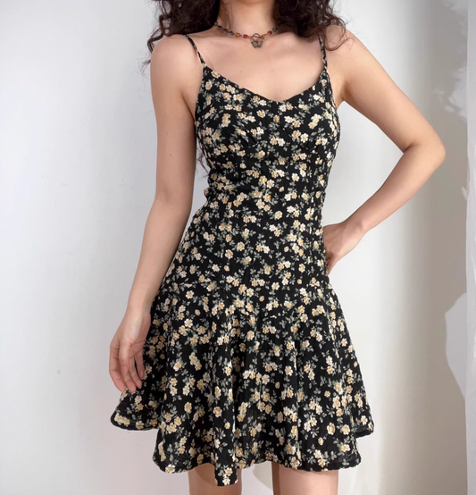 Vintage Spaghetti Straps Print Floral Short Skirt Wommen Summer Dress Vacation Seaside Dress   D2064
