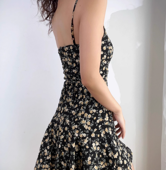 Vintage Spaghetti Straps Print Floral Short Skirt Wommen Summer Dress Vacation Seaside Dress   D2064