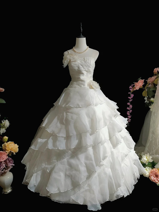 Sweet Sweetheart Neckline Flower Beaded Pleated Tiered Ruffle Ball Gown Evening Dress Quinceanera Dress Birthday Prom Dress D2074