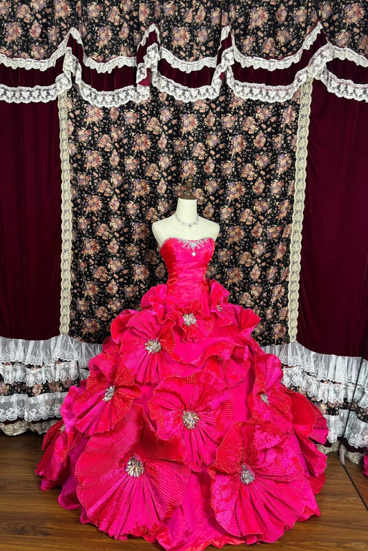 Beauty Strapless Crystal Flower Ball Gown Evening Dress Prom Dress Graduation Dress D2083