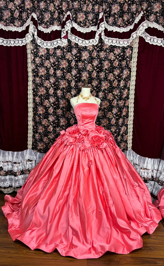 Sweet Strapless Handmade Flower Pleated Ball Gown Evening Dress Prom Dress Quinceanera Dress D2085