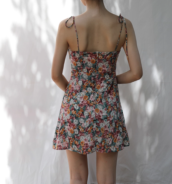Cute A Line Spaghetti Straps Oil Painting Floral Short Skirt Party Dress Women Summer Vacation Dress  D2090