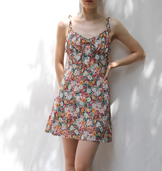 Cute A Line Spaghetti Straps Oil Painting Floral Short Skirt Party Dress Women Summer Vacation Dress  D2090