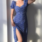 Retro Square Neckline Floral Puffed Sleeves Split Skirt Women Summer Dress Vacation Seaside Dress  D2091