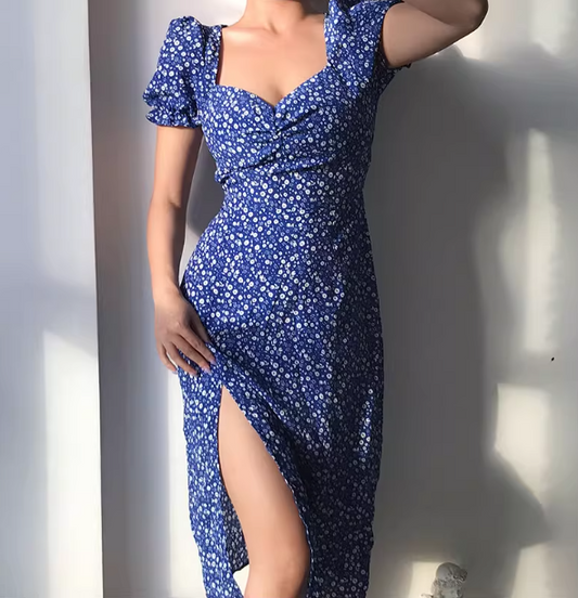 Retro Square Neckline Floral Puffed Sleeves Split Skirt Women Summer Dress Vacation Seaside Dress  D2091