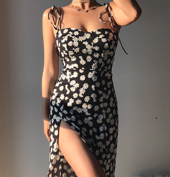 Sexy Spaghetti Straps Floral Split Skirt Women Summer Dress Vacation Seaside Dress  D2092