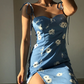 Retro Spaghetti Straps Floral Split Skirt Women Summer Dress Vacation Seaside Dress  D2093