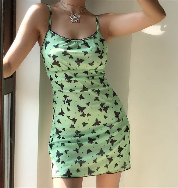 Cute Spaghetti Straps Print Butterfly Short Skirt Teenage Girl Summer Vacation Date Dress  D2094