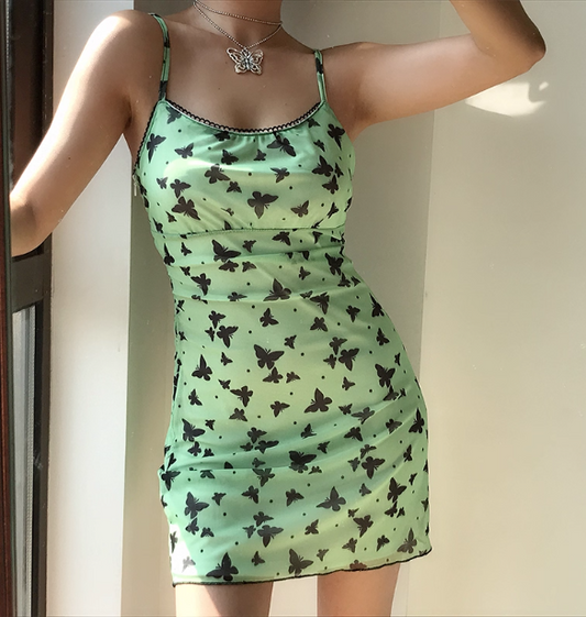 Cute Spaghetti Straps Print Butterfly Short Skirt Teenage Girl Summer Vacation Date Dress  D2094