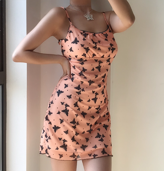 Fashion Spaghetti Straps Print Butterfly Short Skirt Teenage Girl Summer Vacation Date Dress  D2095