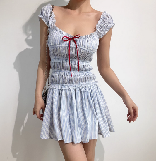 Cute Square Neckline Ruffle Pleated Short Skirt Teenage Girl Women Summer Dress Vacation Seaside Dress D2097