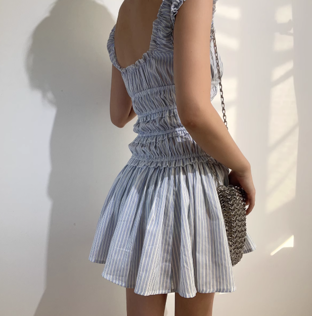Cute Square Neckline Ruffle Pleated Short Skirt Teenage Girl Women Summer Dress Vacation Seaside Dress D2097