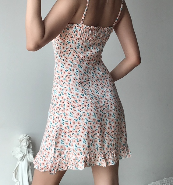 Retro Spaghetti Straps Ruffle Short Skirt Teenage Girl Women Summer Dress Vacation Date Dress D2098