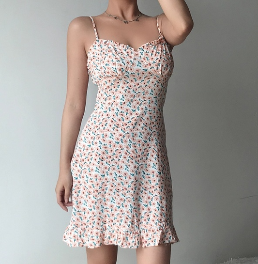 Retro Spaghetti Straps Ruffle Short Skirt Teenage Girl Women Summer Dress Vacation Date Dress D2098