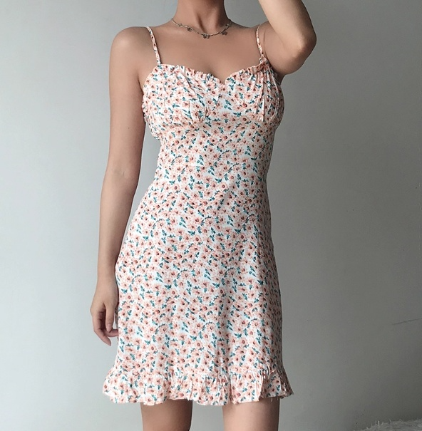 Retro Spaghetti Straps Ruffle Short Skirt Teenage Girl Women Summer Dress Vacation Date Dress D2098