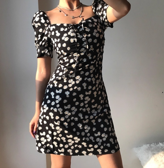 Retro A Line Square Neckline Floral Short Skirt Teenage Girl Women Summer Dress Vacation Date Dress D2099