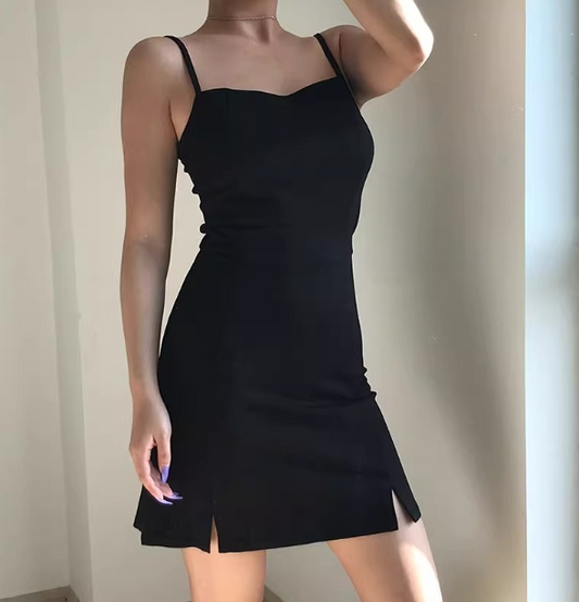 Sexy Black Spaghetti Straps Sheath Split Teenage Girl Women Summer Dress Vacation Date Dress D2100