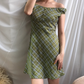Versatile Off the Shoulder Button Checkered Skirt Women Summer Dress Vacation Date Dress D2101