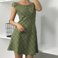 Versatile Off the Shoulder Button Checkered Skirt Women Summer Dress Vacation Date Dress D2101